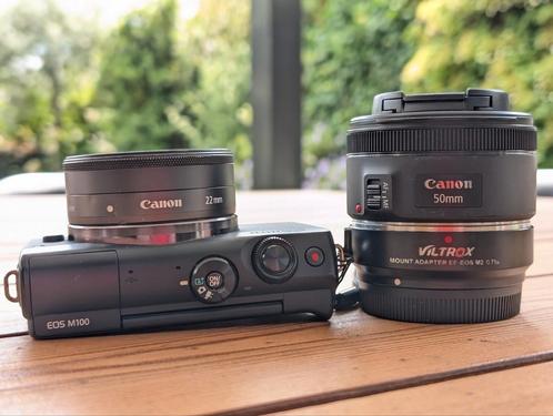 Canon EOS M100 + EF-M 22mm f2.0 STM + EF 50mm f1.8 + Viltrox, Audio, Tv en Foto, Fotocamera's Digitaal, Zo goed als nieuw, Compact