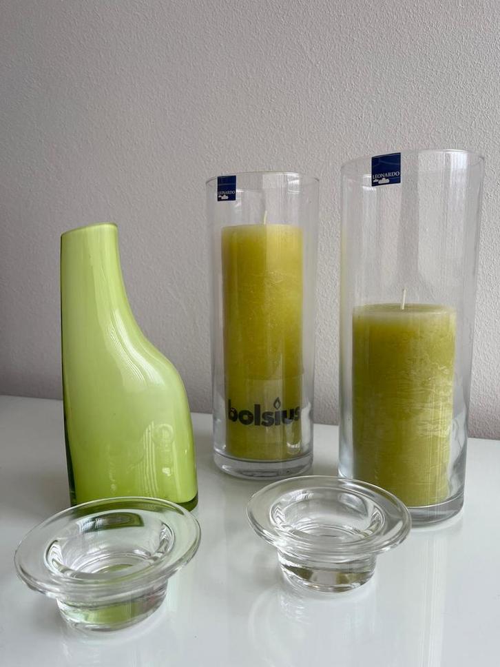 Kaarsen/kandelaar set, Huis en Inrichting, Woonaccessoires | Kandelaars en Kaarsen, Zo goed als nieuw, Groen, Ophalen of Verzenden