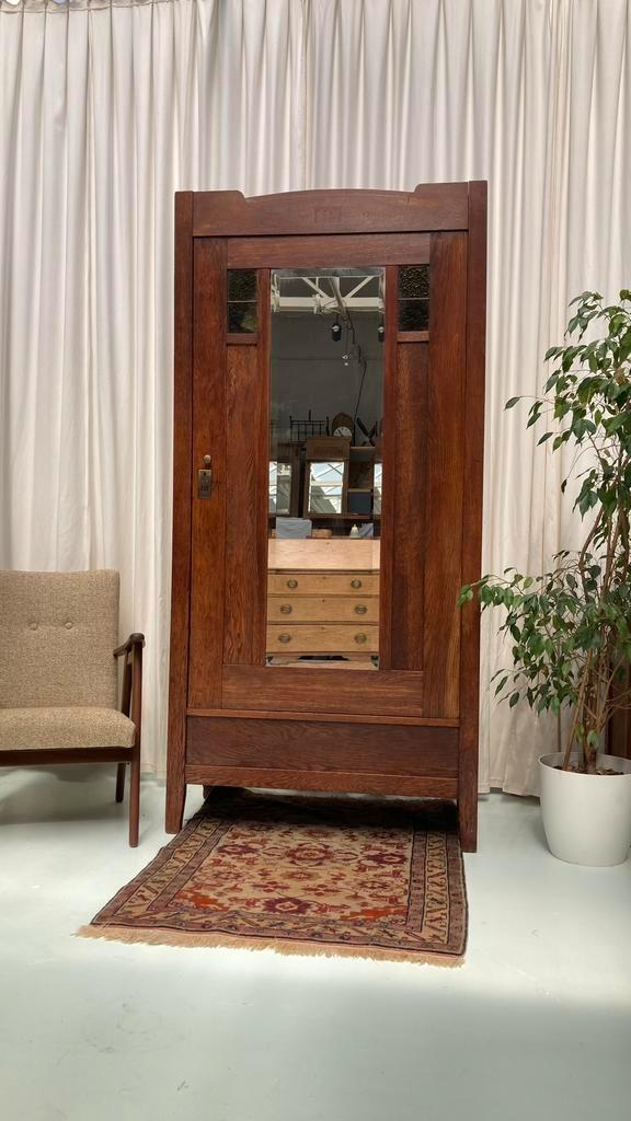 Antiek kledingkast met spiegel deur, Huis en Inrichting, Kasten | Kledingkasten, Zo goed als nieuw, 200 cm of meer, 50 tot 100 cm