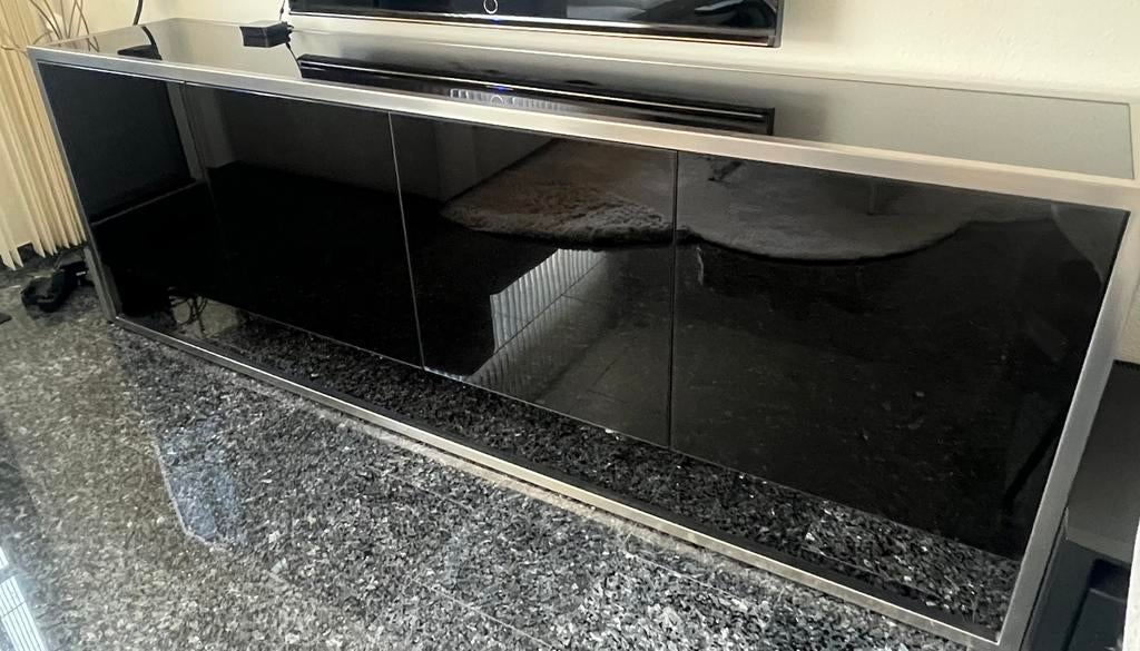 Dressoir zwart glas rvs omlijsting,, Huis en Inrichting, Kasten | Televisiemeubels, Ophalen, Gebruikt, Glas, 200 cm of meer