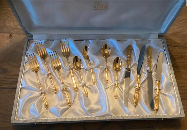 SFAM Vintage Bestekset 12-delig, Verguld, Originele Cassette, Antiek en Kunst, Antiek | Bestek, Ophalen of Verzenden