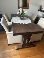 Eetkamer tafel met 4 stoelen, Ophalen, Zo goed als nieuw, Hardhout en leer