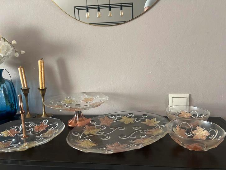 Antieke Glazen Schalen Set Herfstblad Motief Etagère Serveer, Antiek en Kunst, Antiek | Schalen, Ophalen of Verzenden
