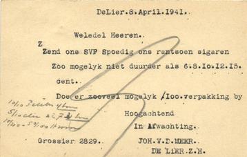 Joh. v.d. Meer, De Lier - 04.1941 - briefkaart beschikbaar voor biedingen