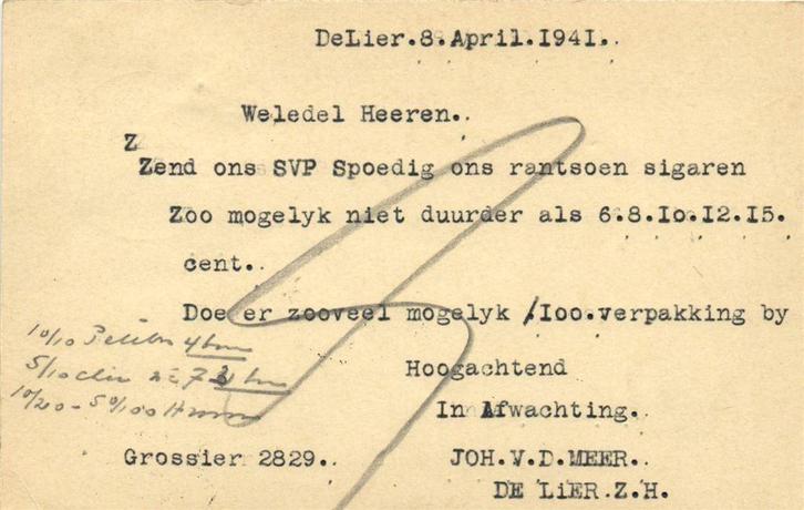 Joh. v.d. Meer, De Lier - 04.1941 - briefkaart, Postzegels en Munten, Brieven en Enveloppen | Nederland, Envelop, Ophalen of Verzenden