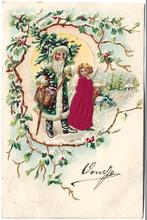 Kerstman met kerstboom en engel ( relief en zijde ), Verzenden, Voor 1920, Gelopen, Overige thema's