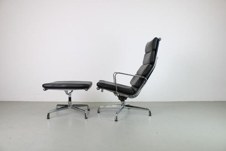 Vitra EA 222 + 223, Chroom, Zwart leer, Huis en Inrichting, Fauteuils, Gebruikt, Leer, Metaal, Minder dan 50 cm, Minder dan 75 cm