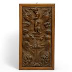 Een antiek eikenhouten gestoken paneel. Putto met zwanen., Antiek en Kunst, Ophalen of Verzenden