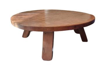 Vintage jaren 70 eiken salontafel Brutalist Wabi-Sabi rond beschikbaar voor biedingen