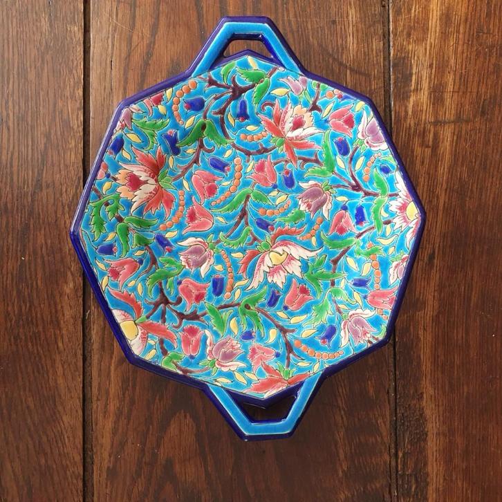 Longwy octagonale schaal met 2 handvaten, Antiek en Kunst, Antiek | Schalen, Ophalen of Verzenden