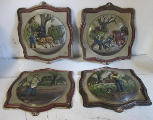 vier antieke gietijzeren kachel haard platen met boeren, Antiek en Kunst, Curiosa en Brocante, Ophalen