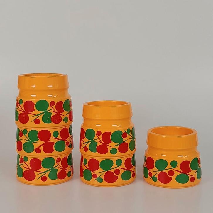 Setje vintage Emsa eierdopjes - retro eierdop oker geel, Huis en Inrichting, Keuken | Tupperware, Overige typen, Geel, Groen, Rood