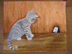 Kat en muis schilderij (33 x 41 cm.), Huis en Inrichting, Woonaccessoires | Schilderijen, Tekeningen en Foto's, Minder dan 50 cm
