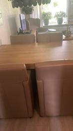 eiken tafel 145    Bij 90 4 leren stoelen taup, Eikenhout, Vier personen, Rechthoekig, 50 tot 100 cm
