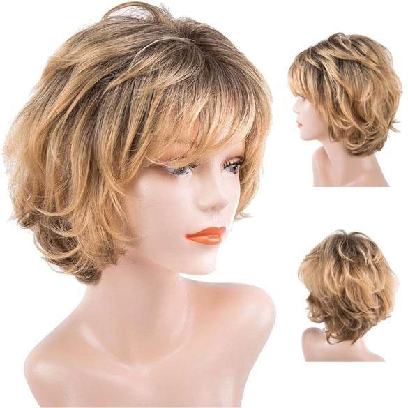 Pruik kort haar met slagen goudblond en donkere roots, Sieraden, Tassen en Uiterlijk, Uiterlijk | Haarverzorging, Nieuw, Pruik of Haarverlenging