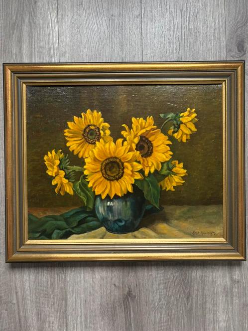 Olieverfschilderij zonnebloemen - Henk Amerongen, Antiek en Kunst, Kunst | Schilderijen | Klassiek, Ophalen of Verzenden