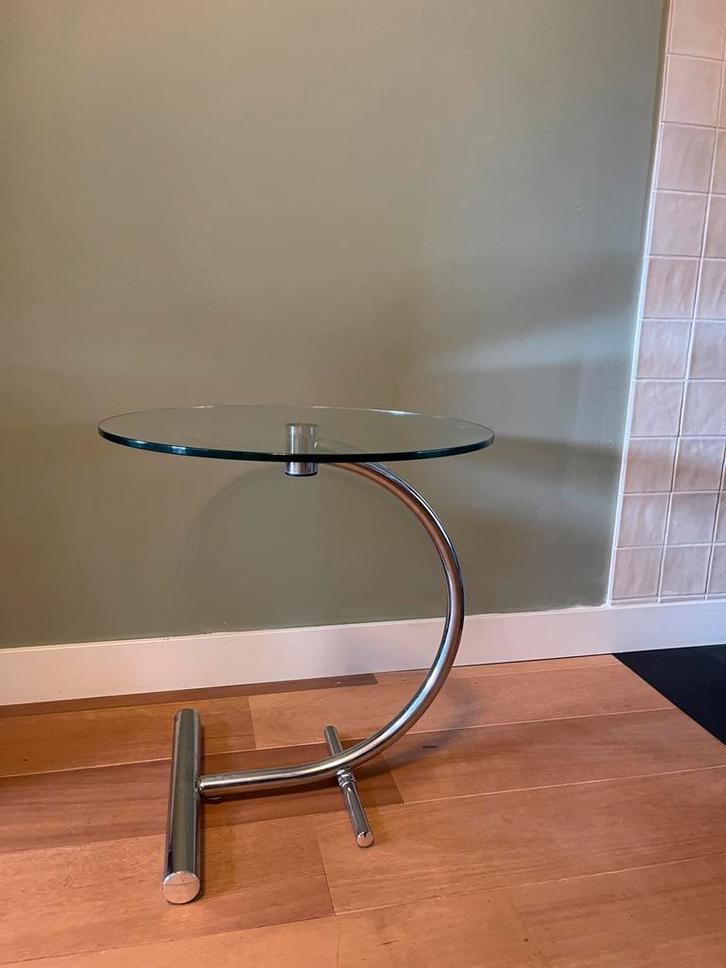 Vintage Bauhaus Bijzettafel Glas Chroom Jaren 70, Huis en Inrichting, Tafels | Bijzettafels, Gebruikt, Rond, Minder dan 45 cm