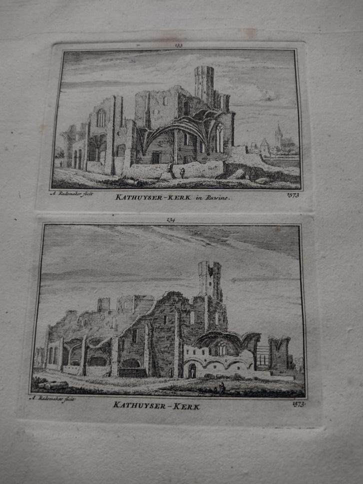 133/134 Delft Kathuyser Kerk Kopergravure 18e Eeuw dl 3, Antiek en Kunst, Kunst | Etsen en Gravures, Ophalen of Verzenden