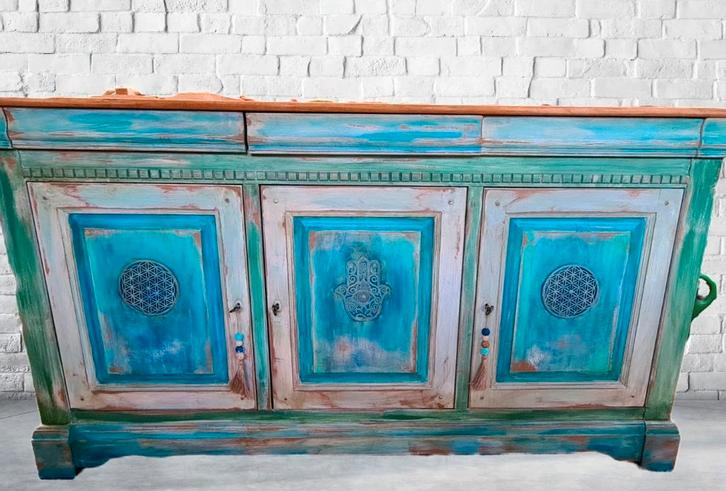 Groot dressoir buffetkast vintage Ibiza India boho turquoise, Huis en Inrichting, Kasten | Dressoirs, Zo goed als nieuw, 150 tot 200 cm