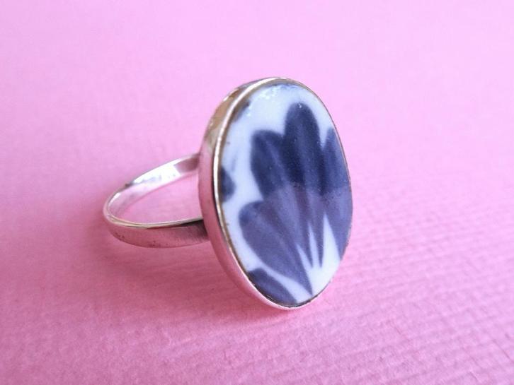 jwg Vintage 60s ring zilver Delfts blauw wit porselein steen, Sieraden, Tassen en Uiterlijk, Antieke sieraden, Ring, Zilver, Verzenden