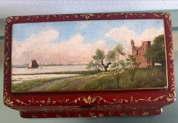 Antiek Houten Doosje met Landschapsschilderij Hindeloopen, Antiek en Kunst, Antiek | Overige Antiek, Ophalen of Verzenden