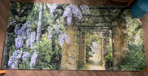Tuin poster of canvas blauwe regen /  doorkijkje , erg mooi!, Tuin en Terras, Tuinwanddecoratie, Zo goed als nieuw, Ophalen of Verzenden