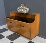 60's 2 lade 2 klep bijzet nacht kast breed zwart opaxit glas, Huis en Inrichting, Kasten | Ladekasten, Ophalen, Gebruikt, Vintage