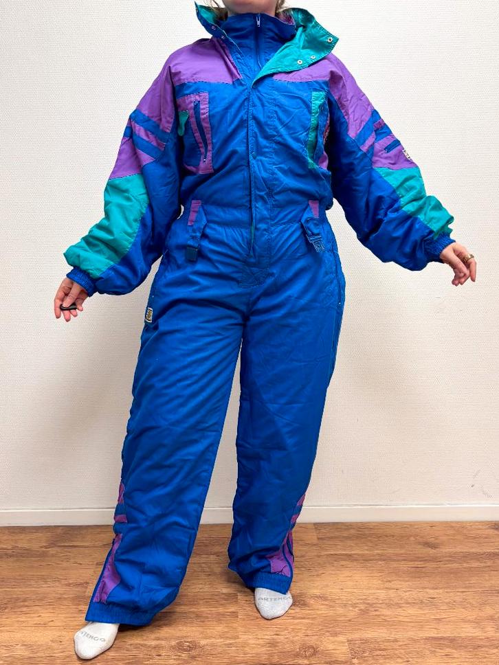 Vintage retro skipak - Blauw, paars, turquoise maat L/XL, Kleding | Heren, Wintersportkleding, Zo goed als nieuw, Pak, Maat 56/58 (XL)