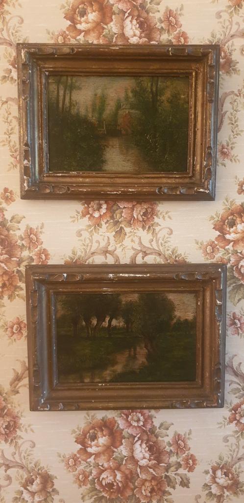 2 antieke Franse olieverf schilderijtjes op paneel bois doré, Antiek en Kunst, Curiosa en Brocante, Ophalen of Verzenden