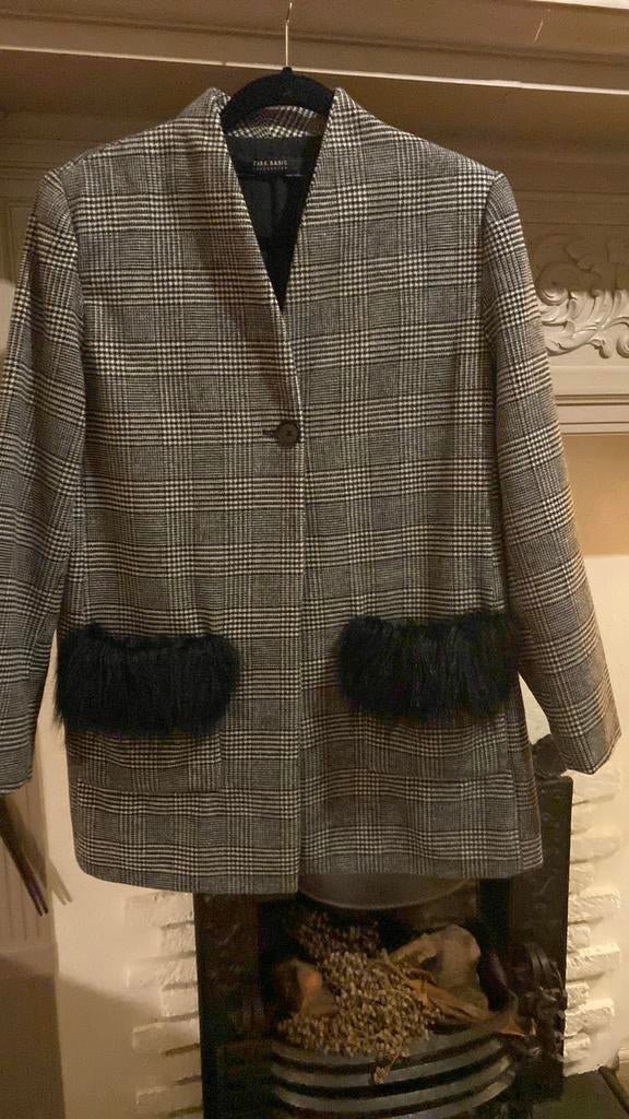 Zara Basic Jasje met Details geruite tweed, Maat 38/40 (M), Zwart, Ophalen of Verzenden, Zo goed als nieuw