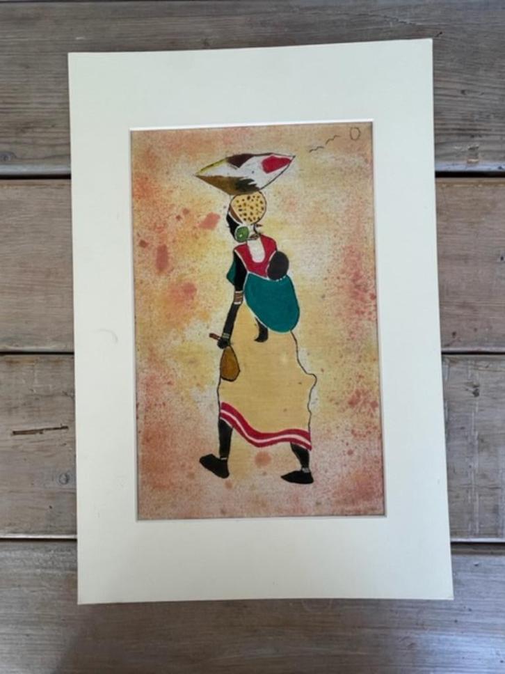 Afrikaanse vrouw met baby. Op stof geschilderd. Afrika batik, Antiek en Kunst, Kunst | Overige Kunst, Ophalen