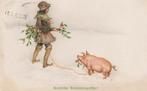 nieuwjaarskaart – man met hulsttakken en varken, Ophalen of Verzenden, Voor 1920, Gelopen, Feest(dag)