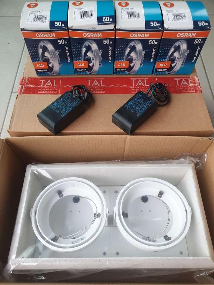 2x TAL inbouwspots INCAS R2 QR 111 BOX + MODULE + halogeen, Huis en Inrichting, Lampen | Spots, Metaal of Aluminium, Halogeen