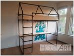 Hoogslaper HUIS zwarte steigerbuis met steigerhout, 85 tot 100 cm, Hoogslaper of Stapelbed, Info@hout-art.nl, Nieuw