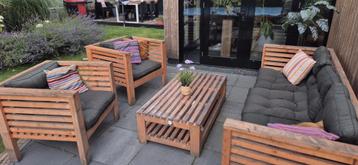 Luxe Douglas Houten Loungeset – Compleet met Bank, 2 Stoelen beschikbaar voor biedingen