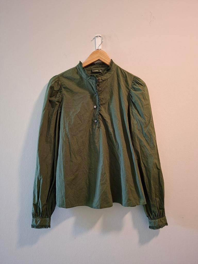 Closed Groene Blouse met Kanten Details/Pofmouwen, S, Closed, Ophalen of Verzenden, Zo goed als nieuw, Maat 36 (S)