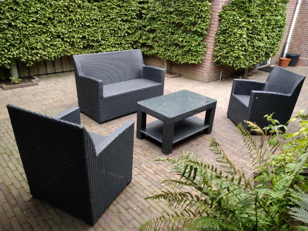 Set tuinstoelen & bank- & tuinset, in goede staat, compleet!, Tuin en Terras, Tuinstoelen, Gebruikt, Kunststof, Ophalen