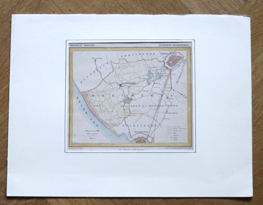 Antieke prent kaart Gemeente Koudekerke 1867, Ophalen, 1800 tot 2000, Nederland, Landkaart