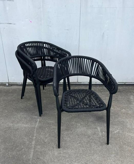 3 Luxe horeca terrasstoelen stapelbaar zwart met touw, Ophalen, Gebruikt, Zwart, Stof