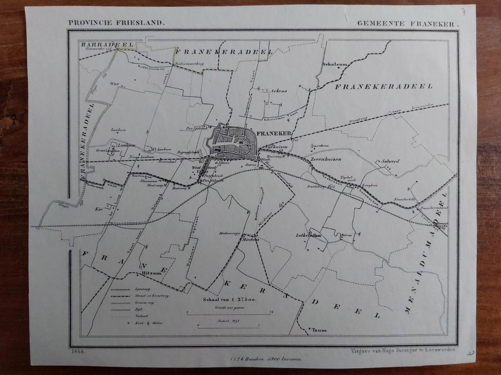 7 / Gemeente Franeker litho uit 1868 van j. Kuyper, Ophalen of Verzenden