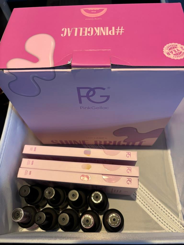 Pink Gellac set met lamp, gelstickers en basisproducten, Ophalen of Verzenden, Zo goed als nieuw, Roze, Handen en Nagels