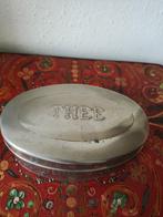 Mooi vintage metalen theedoosje met 7 lepels/suikerschepjes, Verzenden