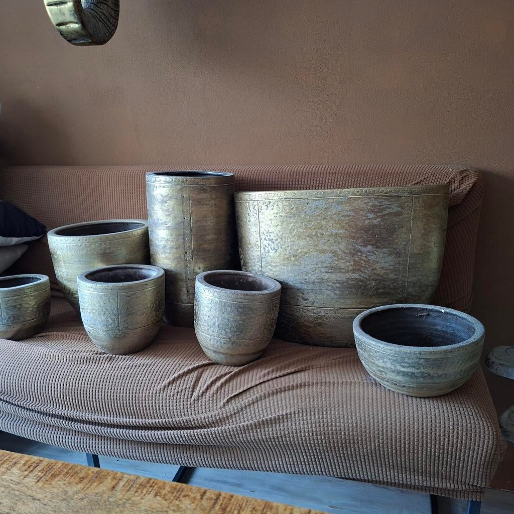 Complete set industrieel gouden potten, Tuin en Terras, Bloempotten, Aardewerk, Minder dan 40 cm, Minder dan 25 cm, Rond, Ophalen