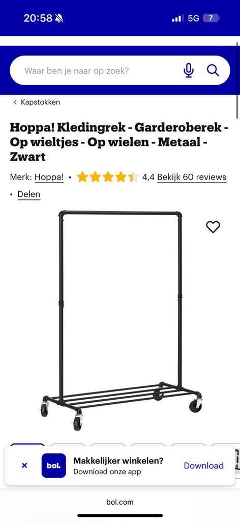 Zwarte kledingrek op wielen, Ophalen, Zo goed als nieuw