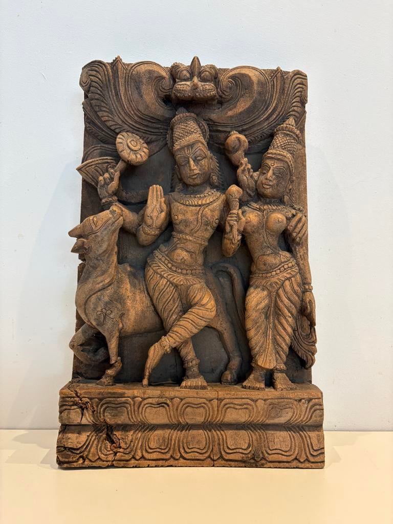 Houten Paneel Krishna, Radha & Heilige Koe - 31 cm, Houtsnijwerk, Ophalen of Verzenden, Handgemaakt, 20 - 50 cm