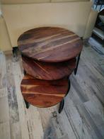 3 delige ronde salontafel set van hout en metaal, Overige houtsoorten, Gebruikt, 50 tot 100 cm, Rond