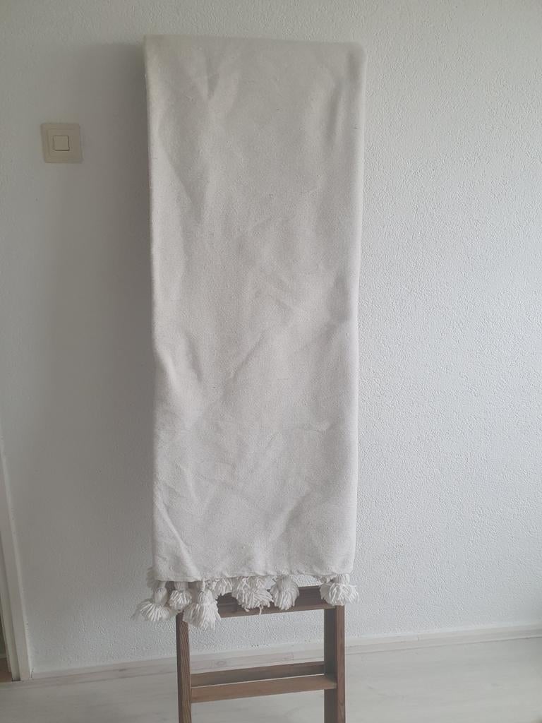 Mooie Nieuwe handgemaakte Marokkaanse Pompom Sprei/Deken Wit, Wit, Ophalen of Verzenden, Deken of Dekbed, Nieuw