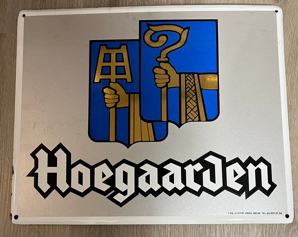 Origineel Hoegaarden bier emaille bord  uit 1991., Ophalen of Verzenden, Gebruikt, Reclamebord