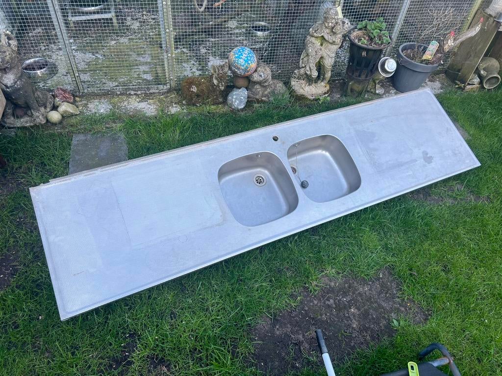 Te Koop : RVS Aanrechtblad Roestvrijstaal Dubbele Spoelbak, Ophalen, Gebruikt, 200 cm of meer, Minder dan 100 cm