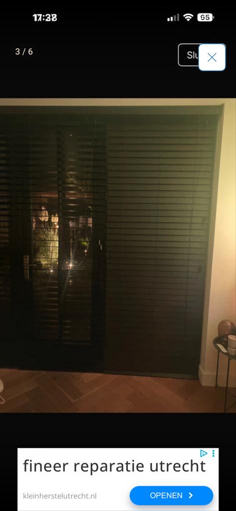 4x Veneta brede houten luxaflex zwart kamerhoog, Huis en Inrichting, Ophalen, Gebruikt, 200 cm of meer, Zwart